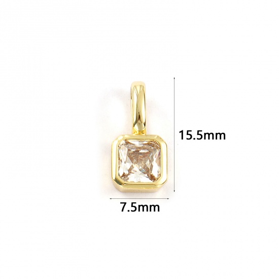 Изображение 1 ШТ Экологичный Латунь Камень рождения Подвески 18K настоящее золото с покрытием Квадратные апрель Прозрачный Искусственный Циркон 15.5мм x 7.5мм