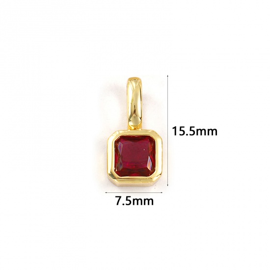 Изображение 1 ШТ Экологичный Латунь Камень рождения Подвески 18K настоящее золото с покрытием Квадратные июль Фуксия Искусственный Циркон 15.5мм x 7.5мм