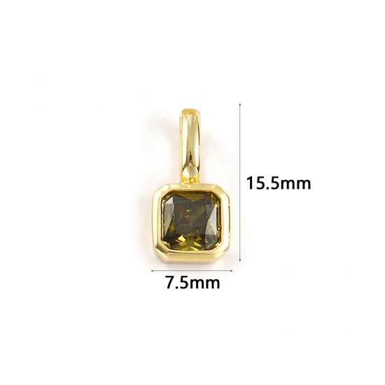 Изображение 1 ШТ Экологичный Латунь Камень рождения Подвески 18K настоящее золото с покрытием Квадратные августейший Оливково-зеленый Искусственный Циркон 15.5мм x 7.5мм