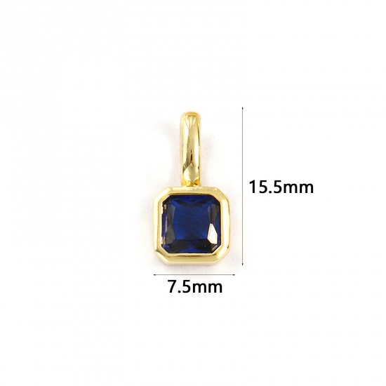 Изображение 1 ШТ Экологичный Латунь Камень рождения Подвески 18K настоящее золото с покрытием Квадратные сентябрь Темно-синий Искусственный Циркон 15.5мм x 7.5мм