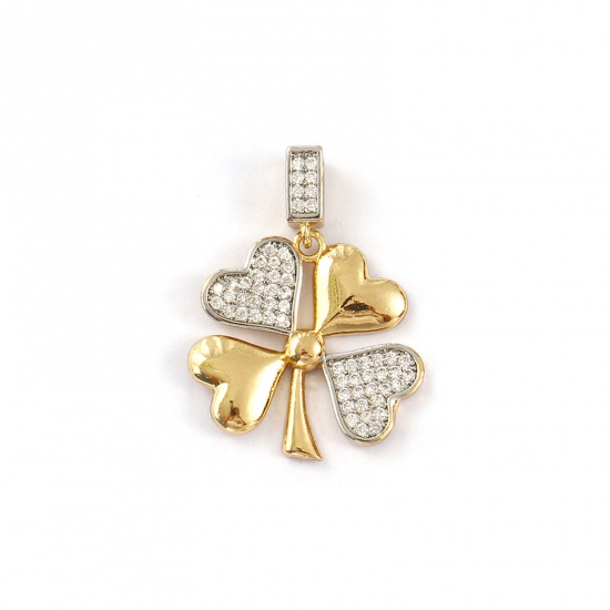 1 Piece Brass Pendants 18K Gold Plated & Platinum Plated Four Leaf Clover Two Tone Clear Cubic Zirconia 3cm x 2.2cm の画像