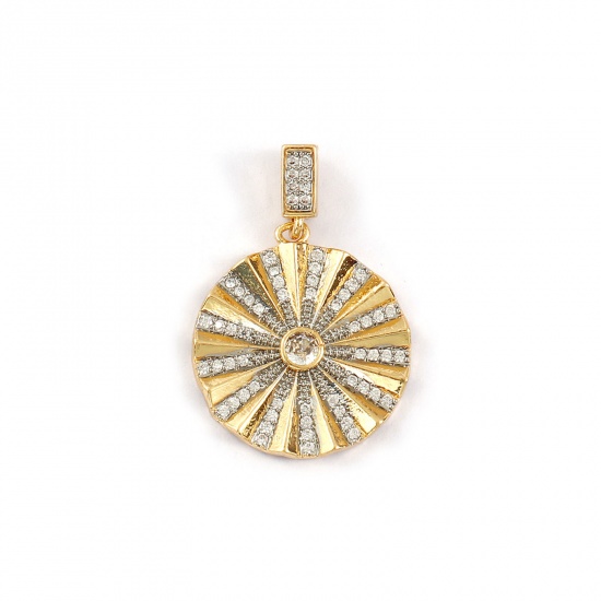 1 Piece Brass Pendants 18K Gold Plated & Platinum Plated Round Disc Two Tone Clear Cubic Zirconia 3.2cm x 2.2cm の画像