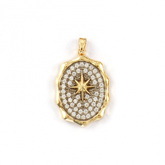 1 Piece Brass Galaxy Pendants 18K Gold Plated & Platinum Plated Oval Star Two Tone Clear Cubic Zirconia 3.2cm x 1.9cm の画像