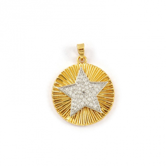 1 Piece Brass Galaxy Charm Pendant 18K Gold Plated & Platinum Plated Round Disc Pentagram Star Two Tone Clear Cubic Zirconia 29mm x 22mm の画像