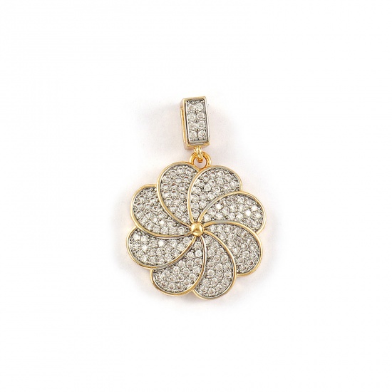 1 Piece Brass Charms 18K Gold Plated & Platinum Plated Flower Two Tone Clear Cubic Zirconia 29mm x 20mm の画像