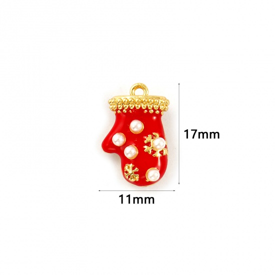 Imagen de 2 PCs Brass Charms 18K Gold Plated Red Enamel Christmas Gloves Acrylic Imitation Pearl 17mm x 11mm
