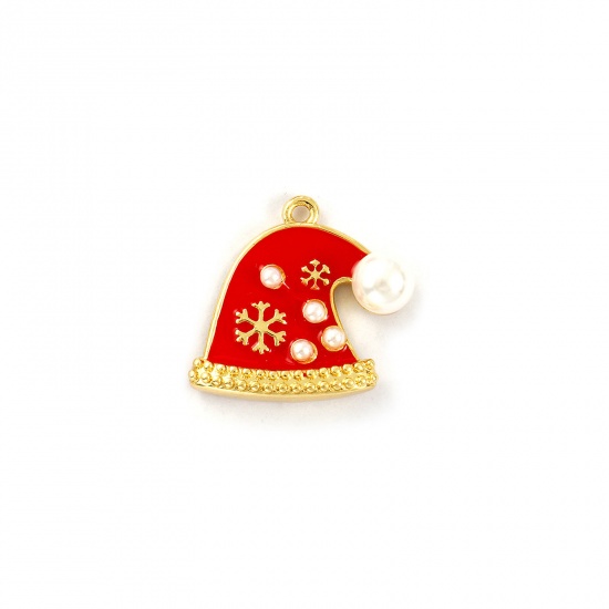 Imagen de 2 PCs Brass Charms 18K Gold Plated Red Enamel Christmas Hats Snowflake Acrylic Imitation Pearl 20mm x 19mm