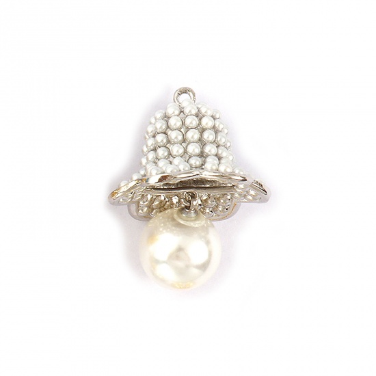 Изображение 1 Piece Brass 3D Pendants Platinum Plated White Christmas Jingle Bell Flower Acrylic Imitation Pearl 3.2cm x 2.3cm