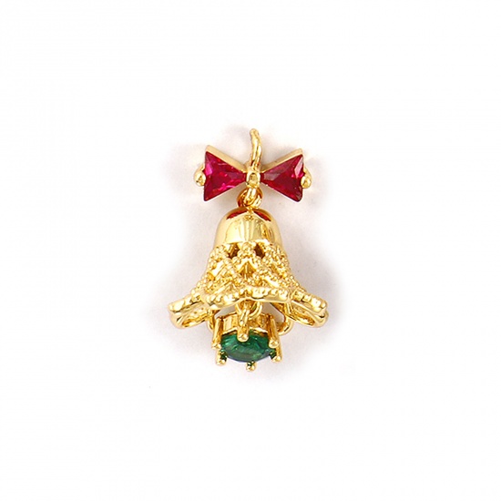 Изображение 1 Piece Brass 3D Charms 18K Gold Plated Christmas Jingle Bell Bowknot Multicolour Cubic Zirconia 24mm x 15mm