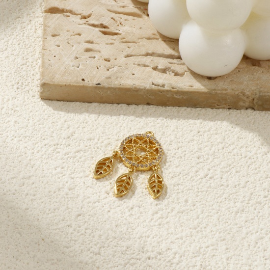 Immagine di 1 Piece Brass Pendants 18K Gold Plated Dream Catcher Clear Cubic Zirconia 3.1cm x 1.7cm