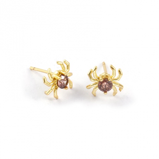 Изображение 1 Pair Stylish Exquisite 18K Gold Plated Puce Brass & Cubic Zirconia Halloween Spider Animal Ear Post Stud Earrings For Women Gift 10mm x 10mm, Post/ Wire Size: 0.8mm(20 gauge)