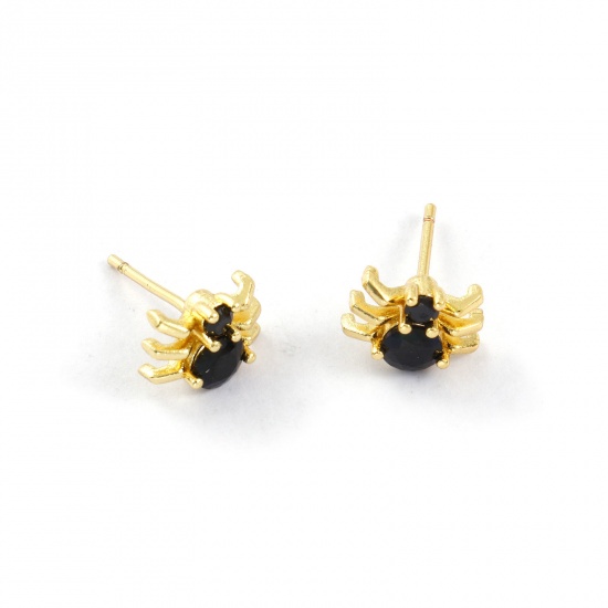 Изображение 1 Pair Stylish Exquisite 18K Gold Plated Black Brass & Cubic Zirconia Halloween Spider Animal Ear Post Stud Earrings For Women Gift 10mm x 7.5mm, Post/ Wire Size: 0.8mm(20 gauge)
