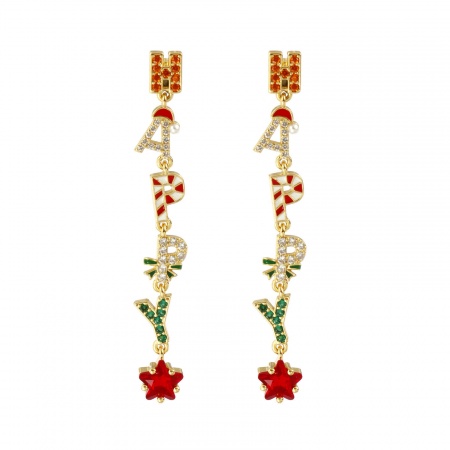Immagine di 1 Pair Sweet & Cute Exquisite 18K Gold Plated Multicolor Brass & Cubic Zirconia Christmas Pentagram Star Message " Happy " Micro Pave Ear Post Stud Earrings For Women Gift 5cm x 0.6cm, Post/ Wire Size: 0.8mm(20 gauge)
