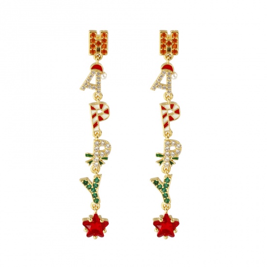 Picture of 1 Pair Sweet & Cute Exquisite 18K Gold Plated Multicolor Brass & Cubic Zirconia Christmas Pentagram Star Message " Happy " Micro Pave Ear Post Stud Earrings For Women Gift 5cm x 0.6cm, Post/ Wire Size: 0.8mm(20 gauge)