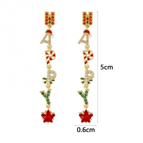 Picture of 1 Pair Sweet & Cute Exquisite 18K Gold Plated Multicolor Brass & Cubic Zirconia Christmas Pentagram Star Message " Happy " Micro Pave Ear Post Stud Earrings For Women Gift 5cm x 0.6cm, Post/ Wire Size: 0.8mm(20 gauge)
