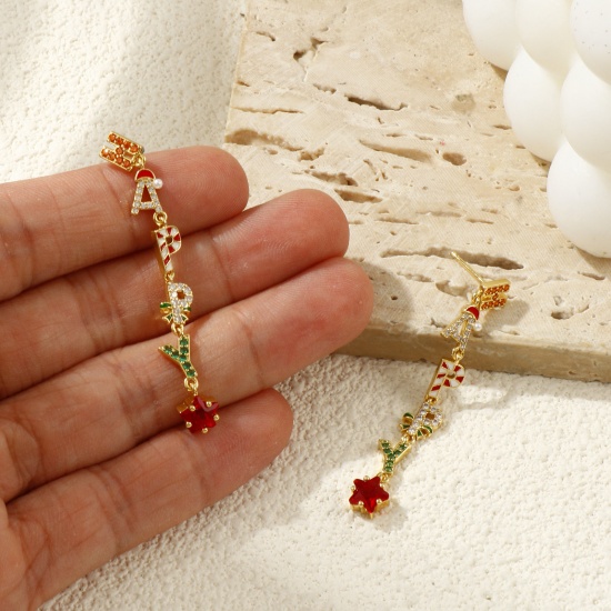 Picture of 1 Pair Sweet & Cute Exquisite 18K Gold Plated Multicolor Brass & Cubic Zirconia Christmas Pentagram Star Message " Happy " Micro Pave Ear Post Stud Earrings For Women Gift 5cm x 0.6cm, Post/ Wire Size: 0.8mm(20 gauge)