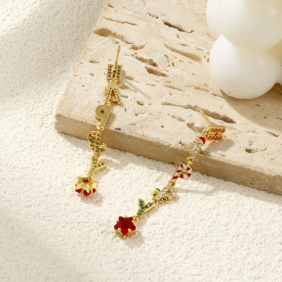 Picture of 1 Pair Sweet & Cute Exquisite 18K Gold Plated Multicolor Brass & Cubic Zirconia Christmas Pentagram Star Message " Happy " Micro Pave Ear Post Stud Earrings For Women Gift 5cm x 0.6cm, Post/ Wire Size: 0.8mm(20 gauge)
