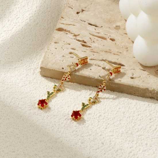 Picture of 1 Pair Sweet & Cute Exquisite 18K Gold Plated Multicolor Brass & Cubic Zirconia Christmas Pentagram Star Message " Happy " Micro Pave Ear Post Stud Earrings For Women Gift 5cm x 0.6cm, Post/ Wire Size: 0.8mm(20 gauge)