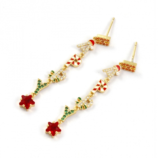 Picture of 1 Pair Sweet & Cute Exquisite 18K Gold Plated Multicolor Brass & Cubic Zirconia Christmas Pentagram Star Message " Happy " Micro Pave Ear Post Stud Earrings For Women Gift 5cm x 0.6cm, Post/ Wire Size: 0.8mm(20 gauge)