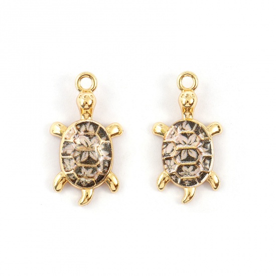 Bild von 2 PCs Eco-friendly Brass Ocean Jewelry Charms 18K Real Gold Plated Black Tortoise Animal Printed 24mm x 13mm