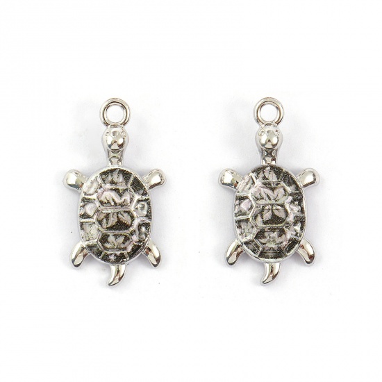 Bild von 2 PCs Eco-friendly Brass Ocean Jewelry Charms Real Platinum Plated Black Tortoise Animal Printed 24mm x 13mm