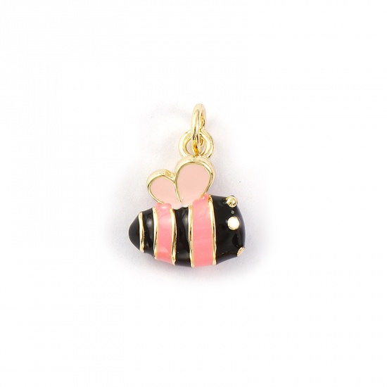 2 PCs Eco-friendly Brass Charms 18K Real Gold Plated Light Pink Enamel Bee Animal 3D 17mm x 11mm の画像