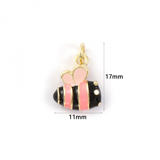 2 PCs Eco-friendly Brass Charms 18K Real Gold Plated Light Pink Enamel Bee Animal 3D 17mm x 11mm の画像