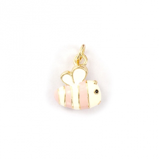 2 PCs Eco-friendly Brass Charms 18K Real Gold Plated White Enamel Bee Animal 3D 17mm x 11mm の画像