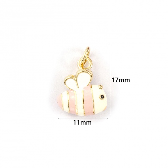 2 PCs Eco-friendly Brass Charms 18K Real Gold Plated White Enamel Bee Animal 3D 17mm x 11mm の画像