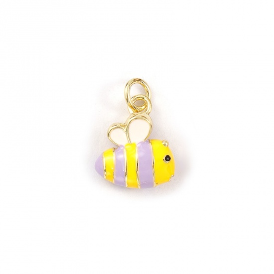 2 PCs Eco-friendly Brass Charms 18K Real Gold Plated Yellow Enamel Bee Animal 3D 17mm x 11mm の画像