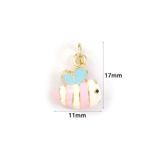 2 PCs Eco-friendly Brass Charms 18K Real Gold Plated Light Pink Enamel Bee Animal 3D 17mm x 11mm の画像