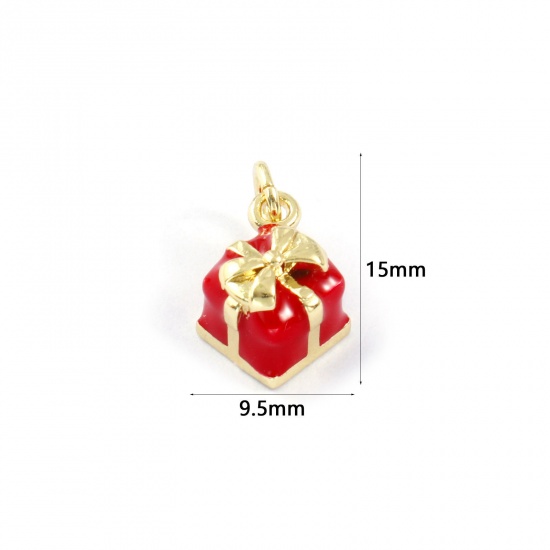 2 PCs Eco-friendly Brass Christmas Charms 18K Real Gold Plated Red Enamel Gift Box 3D 15mm x 9.5mm の画像