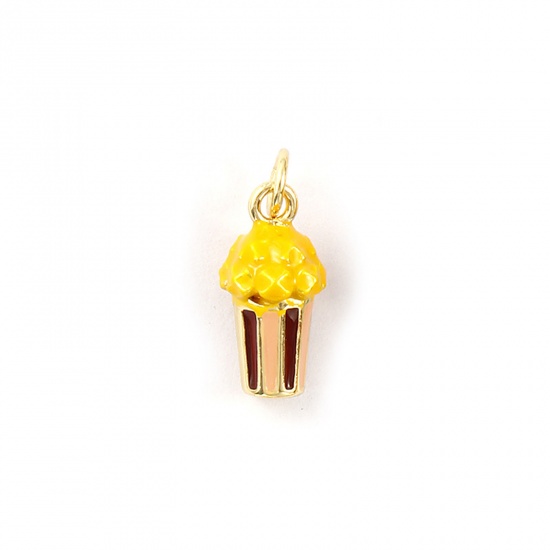 Picture of 1 Piece Eco-friendly Brass Charms 18K Real Gold Plated Yellow Enamel Popcorn 3D 18mm x 7mm