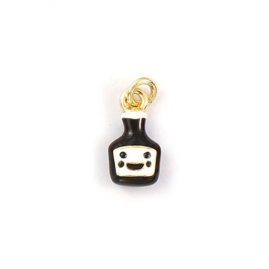 Picture of 1 Piece Eco-friendly Brass Charms 18K Real Gold Plated Black Enamel Wine Bottle Smile 3D 14mm x 6mm