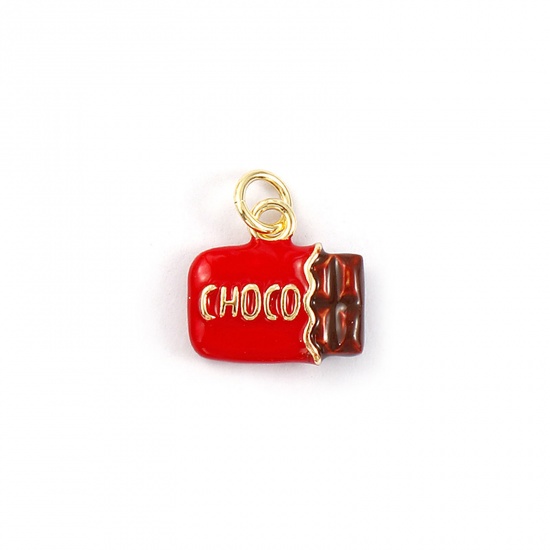 Picture of 1 Piece Eco-friendly Brass Charms 18K Real Gold Plated Red Enamel Chocolate 3D 15mm x 13mm