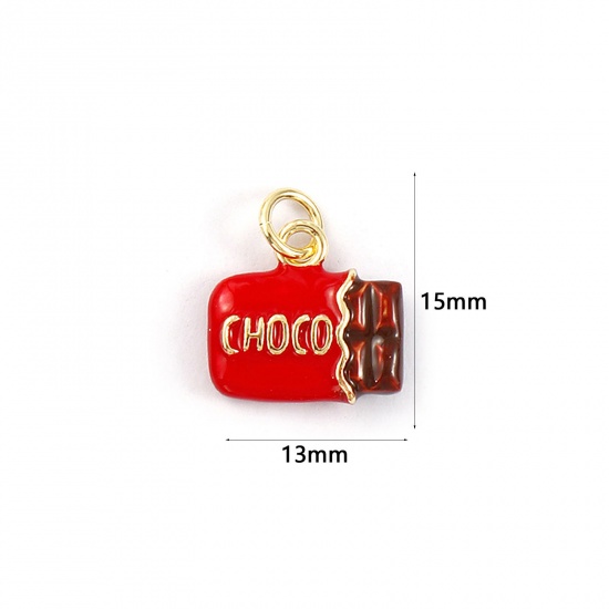 Picture of 1 Piece Eco-friendly Brass Charms 18K Real Gold Plated Red Enamel Chocolate 3D 15mm x 13mm