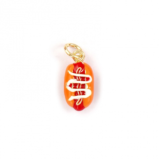 Picture of 1 Piece Eco-friendly Brass Charms 18K Real Gold Plated Red Enamel Hot Dog 3D 18mm x 7mm