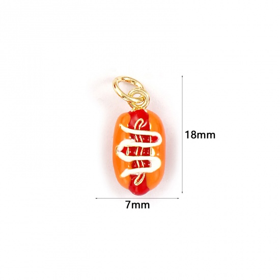 Picture of 1 Piece Eco-friendly Brass Charms 18K Real Gold Plated Red Enamel Hot Dog 3D 18mm x 7mm