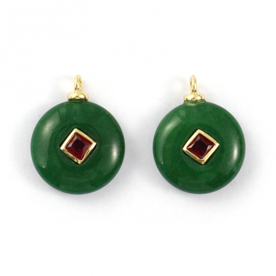 1 Piece Eco-friendly Gemstone & Brass Geometric Charms 18K Real Gold Plated Green Round Wine Red Cubic Zirconia 23mm x 18mm の画像