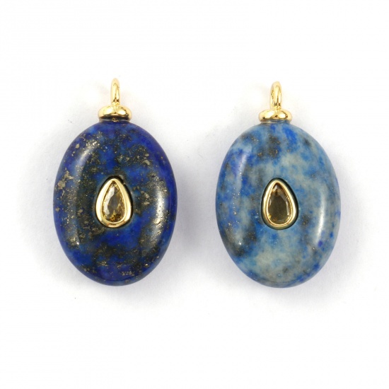 1 Piece Eco-friendly Gemstone & Brass Geometric Charms 18K Real Gold Plated Blue Oval Olive Green Cubic Zirconia 25mm x 15mm の画像