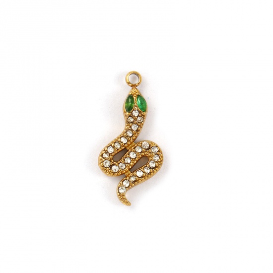 1 Piece Eco-friendly PVD Vacuum Plating 304 Stainless Steel Charms 18K Gold Plated Snake Animal Clear & Green Rhinestone 23mm x 11mm の画像