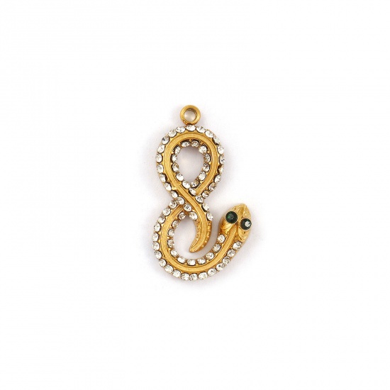 1 Piece Eco-friendly PVD Vacuum Plating 304 Stainless Steel Charms 18K Gold Plated Snake Animal Clear & Green Rhinestone 25mm x 14mm の画像