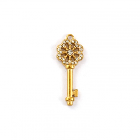 Picture of 1 Piece Eco-friendly PVD Vacuum Plating 304 Stainless Steel Charms 18K Gold Plated Key Flower Hollow Clear Rhinestone 29mm x 11mm