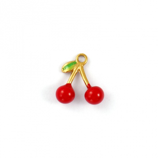 2 PCs Eco-friendly PVD Vacuum Plating 304 Stainless Steel Charms 18K Gold Plated Red Enamel Cherry Fruit 3D 13mm x 12mm の画像