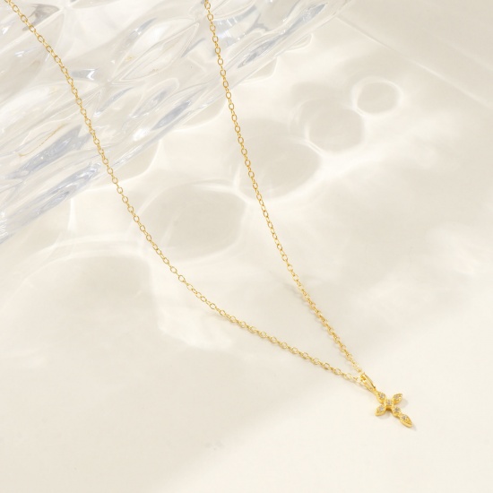 Изображение 1 Piece Sterling Silver Religious Pendant Charm Necklace 18K Gold Plated Cross Clear Cubic Zirconia Micro Pave 40cm(15.7") + 5cm(2") long