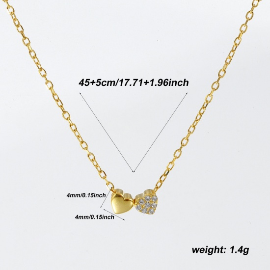 Изображение 1 Piece Sterling Silver Valentine's Day Pendant Charm Necklace 18K Gold Plated Heart Clear Cubic Zirconia Micro Pave 40cm(15.7") + 5cm(2") long