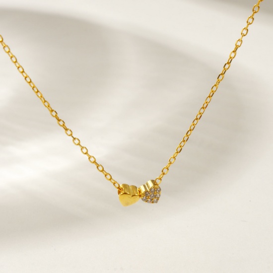 Изображение 1 Piece Sterling Silver Valentine's Day Pendant Charm Necklace 18K Gold Plated Heart Clear Cubic Zirconia Micro Pave 40cm(15.7") + 5cm(2") long