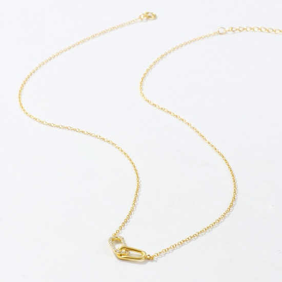 Изображение 1 Piece Sterling Silver Romantic Pendant Charm Necklace 18K Gold Plated Oval Clear Cubic Zirconia Micro Pave 40cm(15.7") + 5cm(2") long