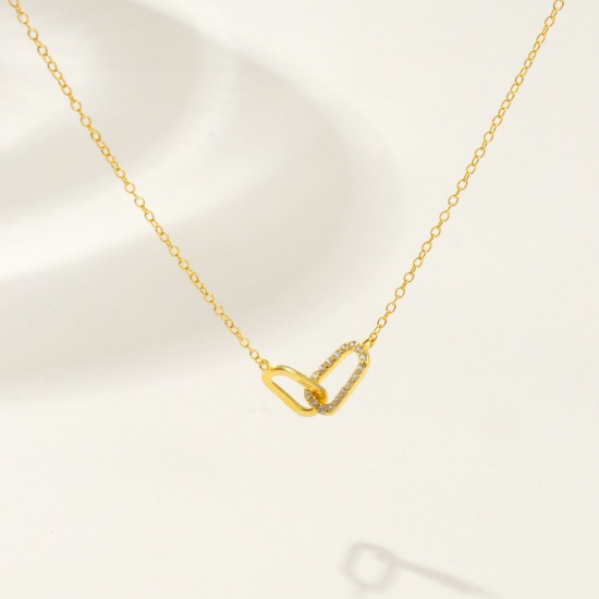 Изображение 1 Piece Sterling Silver Romantic Pendant Charm Necklace 18K Gold Plated Oval Clear Cubic Zirconia Micro Pave 40cm(15.7") + 5cm(2") long