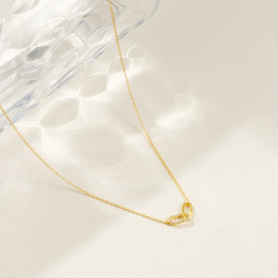 Изображение 1 Piece Sterling Silver Romantic Pendant Charm Necklace 18K Gold Plated Oval Clear Cubic Zirconia Micro Pave 40cm(15.7") + 5cm(2") long